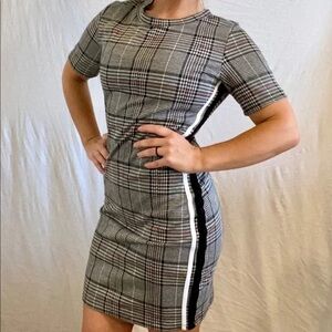 Gray Plaid Mini Dress with Side Stripe